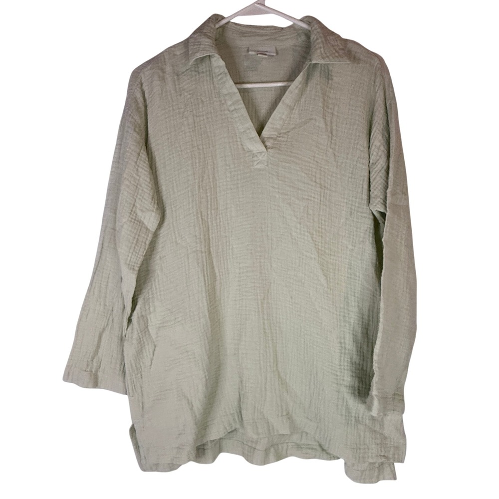 Pure Jill Tunic Top Women‎ SP Sage Green Cotton Gauze 3/4 Sleeve Pockets Petite